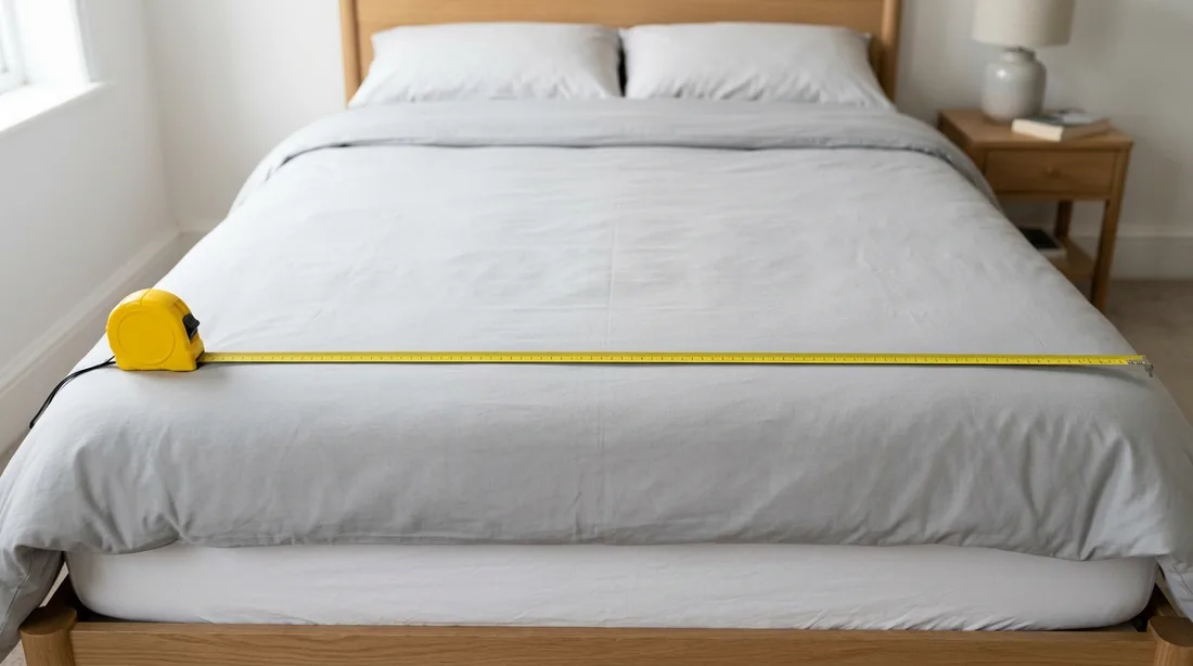 Bettdecke mit Maßband auf einem bezogenen Doppelbett zum Ausmessen der Bettwäsche-Größe