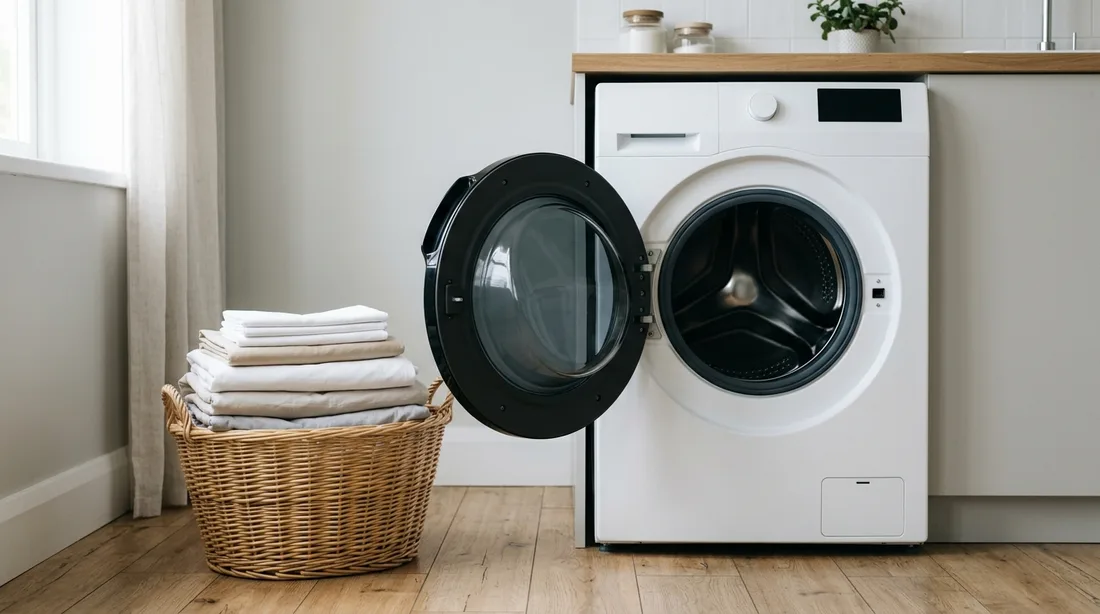 Geöffnete Waschmaschine neben einem Wäschekorb mit zusammengelegter Bettwäsche